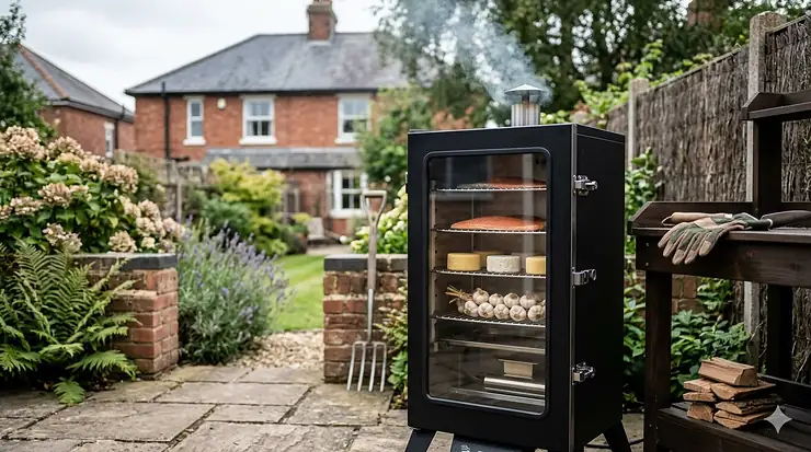 A premium electric smoker set up on a stone patio for cold smoking salmon, featuring a stainless steel finish and digital controls. electric smoker for cold smoking