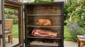 The interior of an electric smoker featuring a whole chicken and a large beef brisket slow-cooking on chrome-plated racks.
