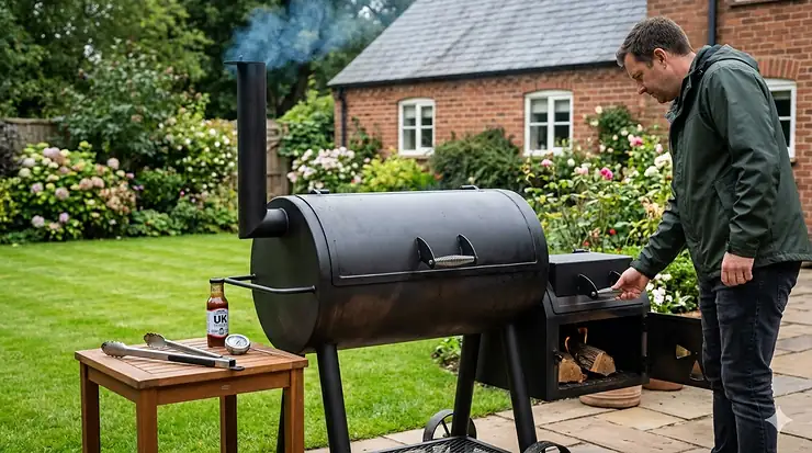 A detailed, photorealistic view of a black steel offset smoker in a traditional British garden, with a man tending the fire. best offset smoker
