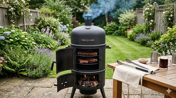 A Forge & Flame vertical charcoal smoker standing on a stone patio in a lush British garden, featuring natural lighting and gentle wisps of smoke. vertical charcoal smoker