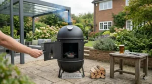 A compact vertical charcoal water smoker, ideal for smaller UK patios and gardens.