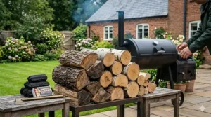 A stack of seasoned hardwood logs and charcoal briquettes prepared for an authentic low and slow barbecue session.