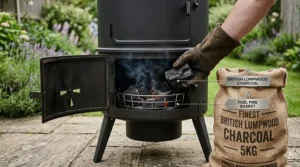 A person wearing a protective suede glove adding chunky British lumpwood charcoal from a branded hessian sack into the smoker's fuel basket.