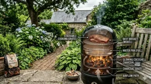 A detailed cutaway illustration showing the internal components of a bullet smoker, including stackable cooking grates, the water pan, and the airflow path from the charcoal grate.