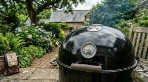 A detailed close-up of the domed lid of a black bullet smoker, showing the integrated circular thermometer displaying 107°C and the heat-resistant wooden handles.