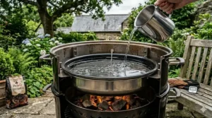 A close-up shot of water being poured into the porcelain-enamelled water pan of a bullet smoker to maintain a moist environment for low and slow cooking.