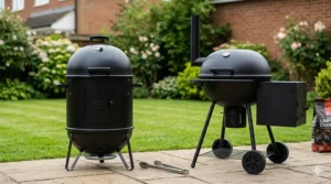 A side-by-side comparison illustration of a bullet smoker and a kettle BBQ smoker for UK gardens.