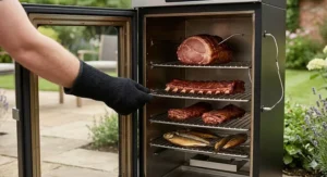 Internal view of a cabinet electric smoker featuring four adjustable chrome racks loaded with cuts of meat.