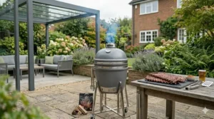An insulated ceramic charcoal smoker and grill, perfect for year-round cooking in the UK.