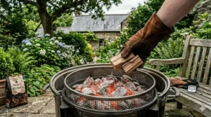 A close-up photograph of a glowing bed of ProQ cocoshell briquettes and oak wood chunks inside the charcoal grate of a vertical bullet smoker.