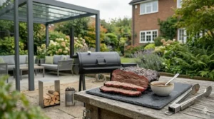 Sliced beef brisket showing a pink smoke ring, achieved using a top-rated charcoal smoker.