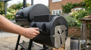 Close-up of adjustable air vents on a charcoal smoker for precise temperature control.