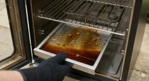 Removable water pan and grease drip tray at the bottom of a cabinet smoker for easy cleaning after use.