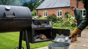 A person using a shovel to remove ash from the firebox of a steel smoker to ensure proper airflow and maintenance.