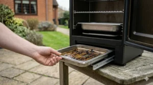 A step-by-step visual of removing a grease drip tray from the bottom of an electric smoker for easy cleaning.