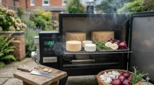 Blocks of British sharp cheddar cheese arranged on wire racks inside an electric smoker for a cold smoking session.