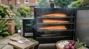 Two large sides of Atlantic salmon being cold smoked in a vertical electric smoker.