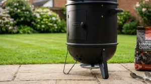 Close-up of the air vents and built-in thermometer on an affordable charcoal smoker.