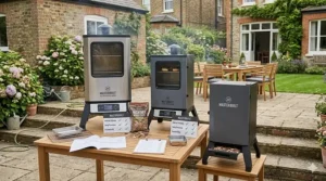 A compact electric smoker in use on a modern city balcony, demonstrating its suitability for smaller UK outdoor spaces.