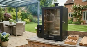 A compact electric smoker positioned on a rustic wooden counter in a British garden, showcasing the space-saving design that makes this an ideal electric smoker under £300 for smaller patios.