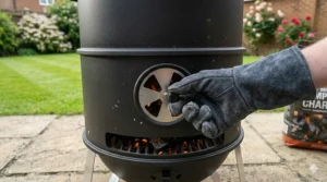 A hand adjusting the bottom air vent of a charcoal smoker to maintain a low and slow temperature.