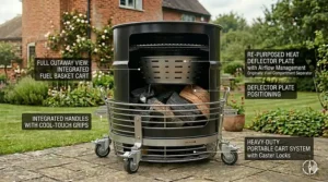 A full cutaway view of a drum smoker assembly demonstrating the integration of the fuel basket cart and heat deflector plate.