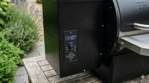 The digital control panel of a small pellet grill clearly displaying a temperature of 110 degrees Celsius.