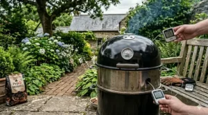 A detailed close-up shot of a black bullet smoker featuring its integrated dome thermometer and several digital meat probes for precise temperature monitoring.