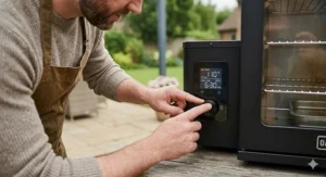 A close-up of a digital control panel on an electric smoker, with a hand adjusting the dial to 110°C, showcasing the precise temperature management that makes this an excellent electric smoker under £300 for the UK market.