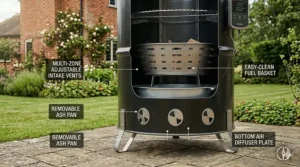 Detailed view of the lower section of a drum smoker highlighting the adjustable intake vents and removable ash pan.