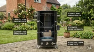 A cutaway diagram of a drum smoker showing the stainless steel cooking grate, meat hanging system, and digital controller.