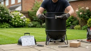 A person easily assembling the legs and handles of a budget charcoal smoker kit.