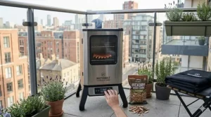 A removable drip tray being slid out from the base of a stainless steel electric smoker for easy cleaning and maintenance.