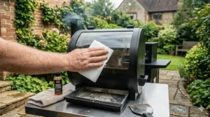 A person cleaning the glass viewing window of a WiFi pellet smoker with a paper towel, illustrating easy maintenance.