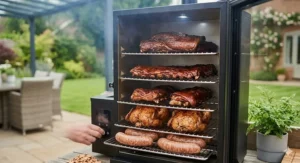 A detailed interior view of an electric smoker showing four stacked stainless steel racks loaded with whole chickens, ribs, and briskets, demonstrating the generous cooking capacity of this affordable electric smoker under £300.