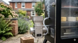 An external cold smoke generator attachment connected to an electric smoker cabinet to maintain low temperatures.