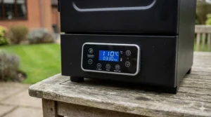 Close-up of a user-friendly digital control panel on an electric smoker showing temperature settings in Celsius.