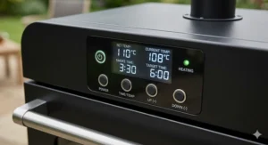 Close-up of the digital temperature controller on a cabinet smoker showing precise Celsius settings for slow cooking.