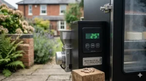 Close-up of a digital control panel on an electric smoker showing a consistent low temperature of 25°C for cold smoking.