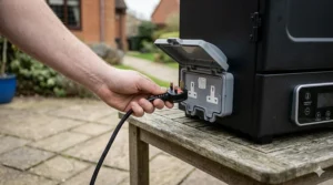 A clear illustration of a weather-resistant UK 3-pin plug and heavy-duty power cable connected to an outdoor socket.