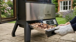 A person wearing protective gloves sliding a wood chip tray into an electric smoker to add authentic smoky flavour.