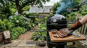 A high-detail shot of a finished beef brisket with a perfect bark being served on an oak board next to an active bullet smoker in a British garden setting.