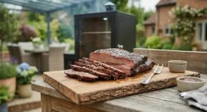 A freshly sliced beef brisket resting on a rustic oak serving board, showcasing the perfect smoke ring and bark achieved using an electric smoker under £300.
