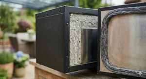 A technical cross-section view of an electric smoker wall, revealing layers of dense mineral wool insulation and a thick door gasket, highlighting the high-quality construction of this budget-friendly smoker.