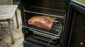 An illustration of an integrated meat probe inserted into a joint of meat to monitor internal temperature accurately.
