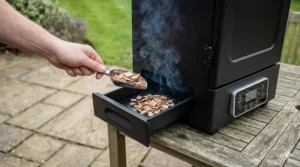 An illustration showing how to slide out the side-loading wood chip tray to add flavoured wood chips without losing heat.