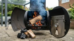 High-quality British lump wood charcoal inside a smoker firebox for long-lasting heat.