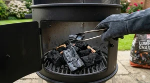 High-quality British lumpwood charcoal being arranged in the fuel pan of a small smoker.