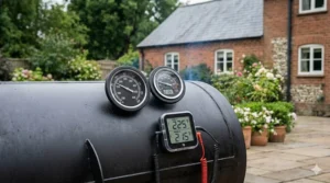 Close-up of external and digital thermometers used to maintain consistent heat in an offset barbecue.