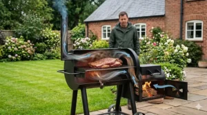 Technical illustration showing the flow of heat and smoke from the firebox through the cooking chamber of an offset smoker.